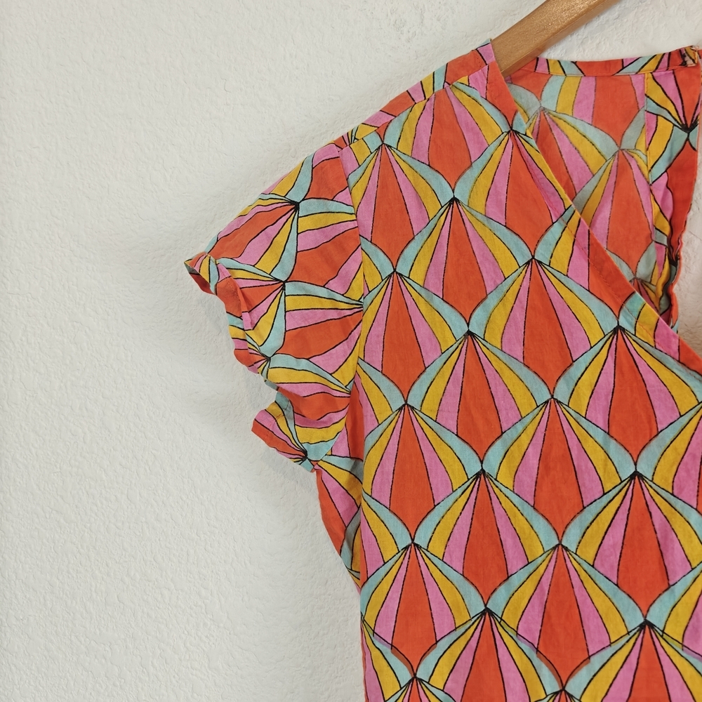 Kalimera Scalloped Geometric Cotton V-Neck Open Back Dress S/M Chic Summer Midi - Picture 6 of 16